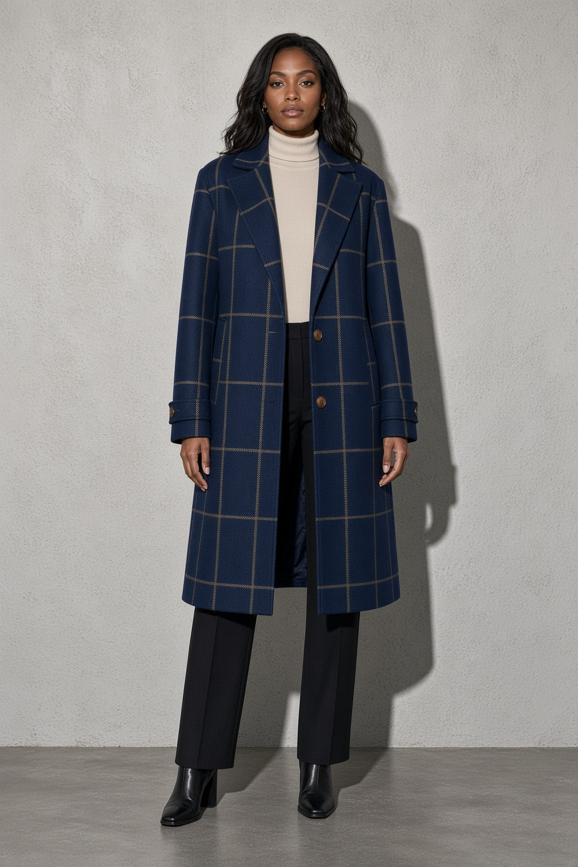 Women's Thick Coat Windowpane Plaid Longline — Back View (Angle 19)