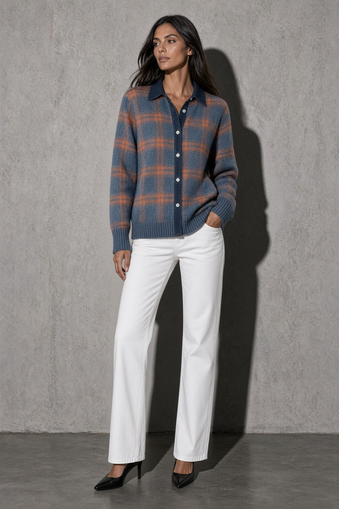 Women's Cardigan Button-Front Longline Shape — Pocket & Stitching Detail
