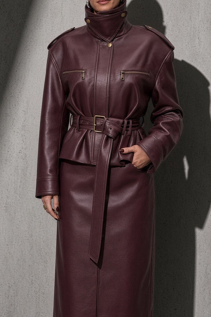 Women's Burgundy Faux Leather Belted Moto Jacket with High Funnel Neck — Sleeve & Cuff Detail