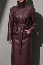 Women's Burgundy Faux Leather Belted Moto Jacket with High Funnel Neck — Sleeve & Cuff Detail