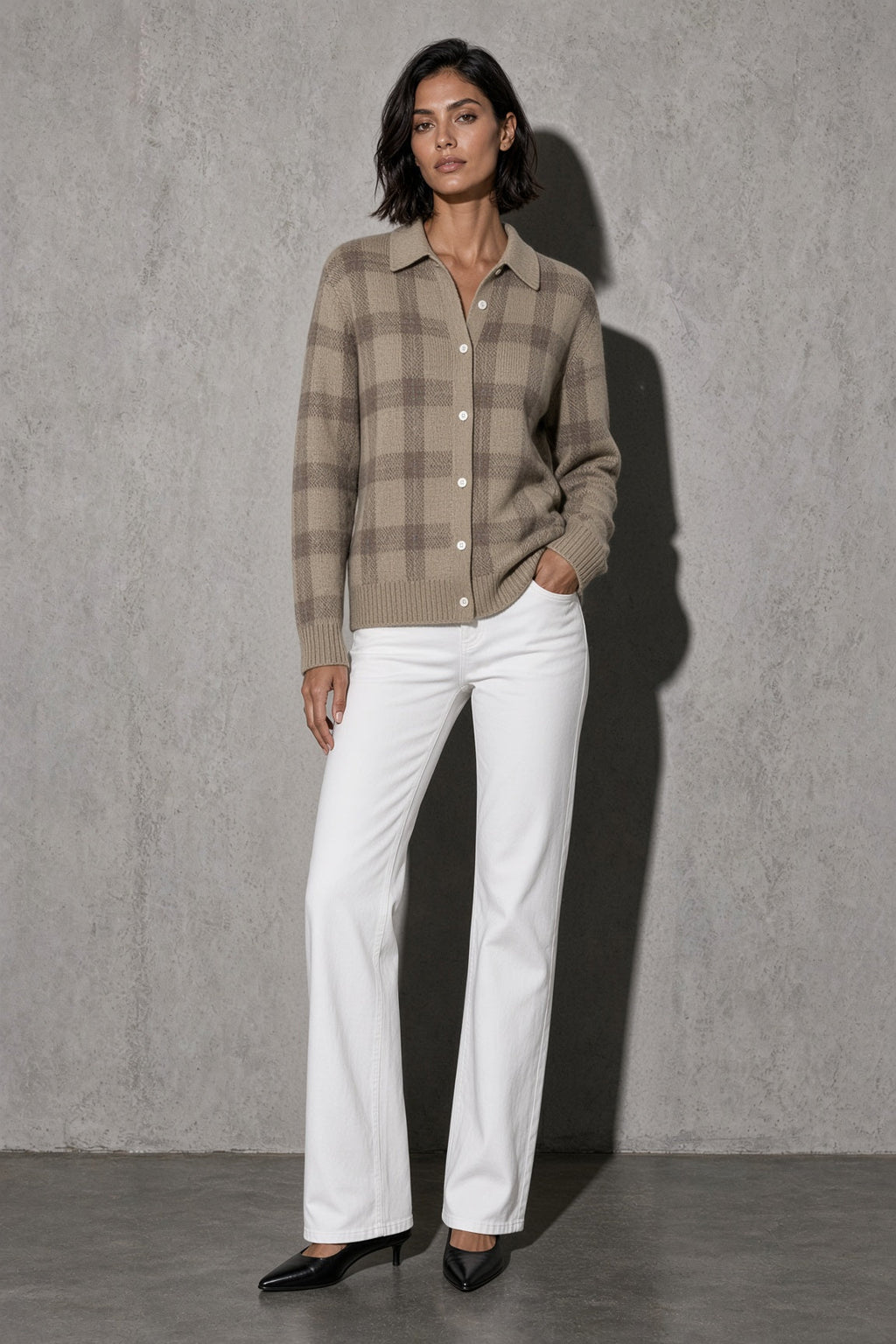 Women's Cardigan Button-Front Longline Shape — On-Model Front Angle (Angle 17)
