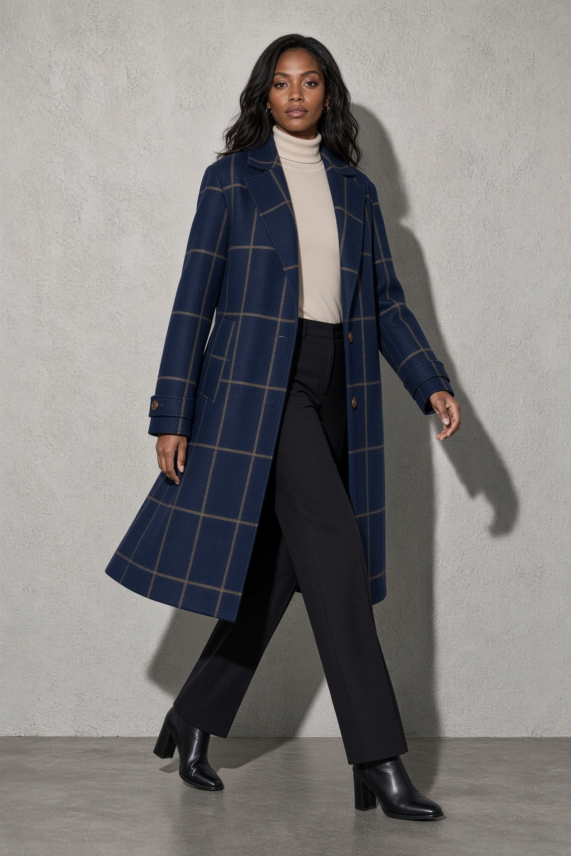 Women's Thick Coat Windowpane Plaid Longline — Macro Weave & Texture Detail