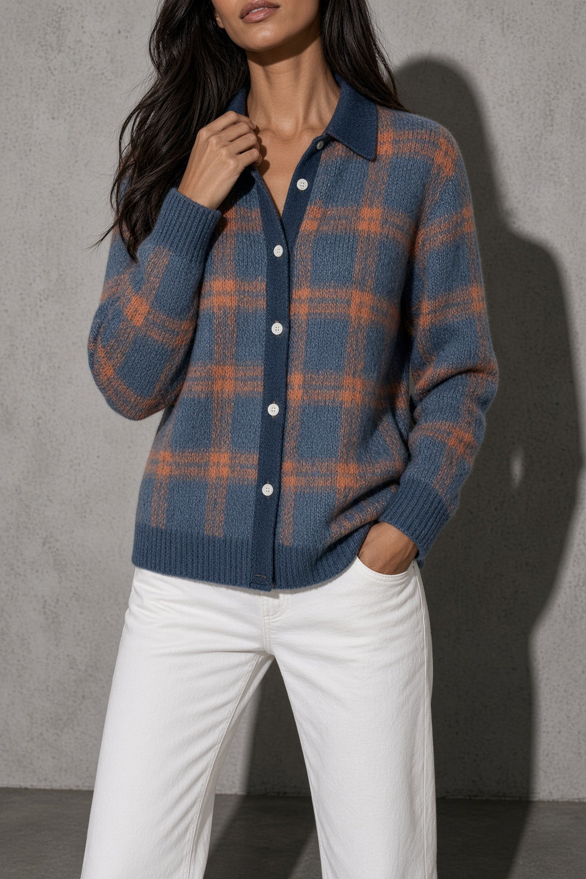 Women's Cardigan Button-Front Longline Shape — Collar & Neckline Detail (Angle 21)
