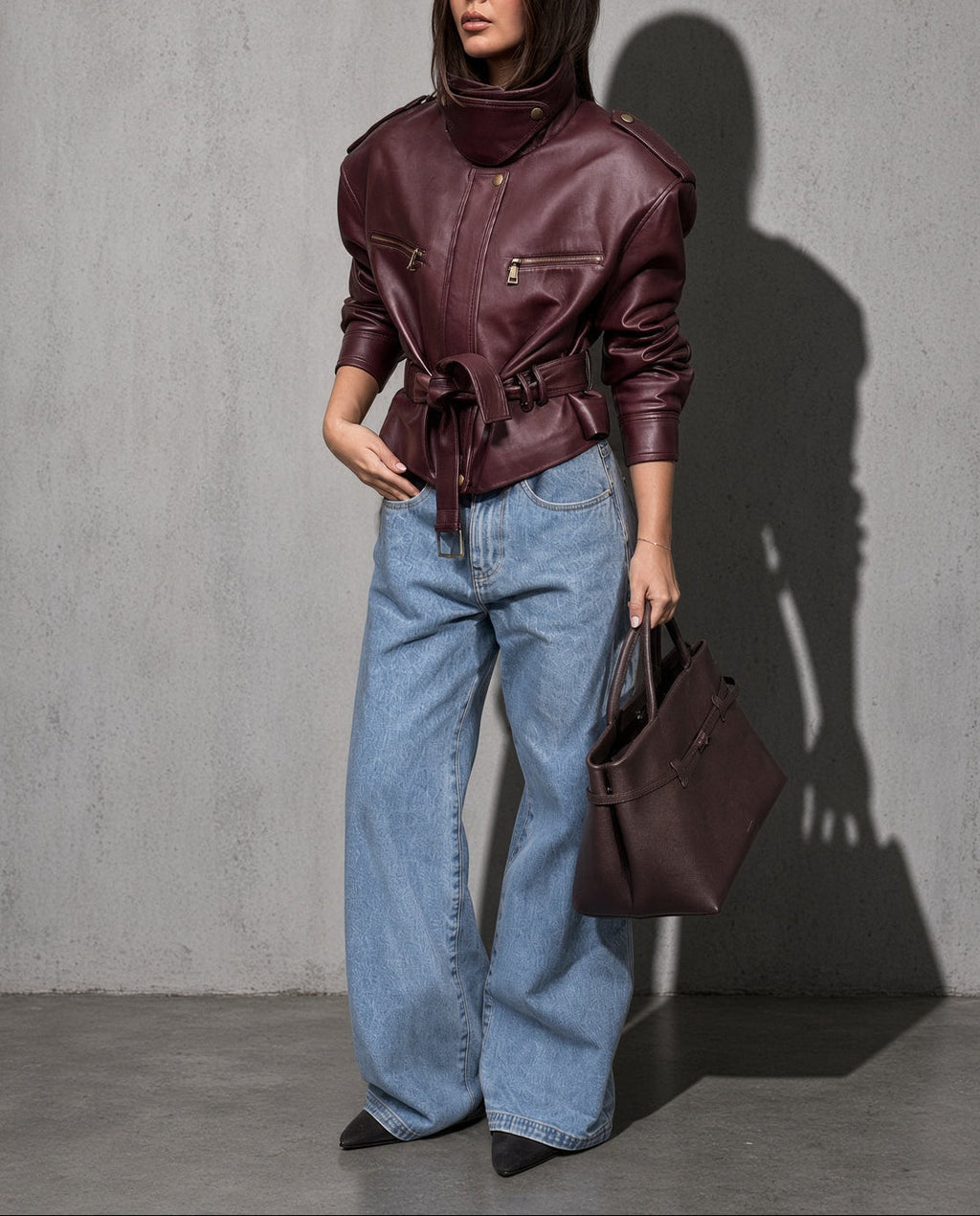 Women's Burgundy Faux Leather Belted Moto Jacket with High Funnel Neck — Collar & Neckline Detail