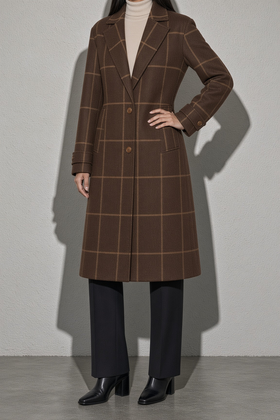 Women's Thick Coat Windowpane Plaid Longline — Flat Lay Garment View