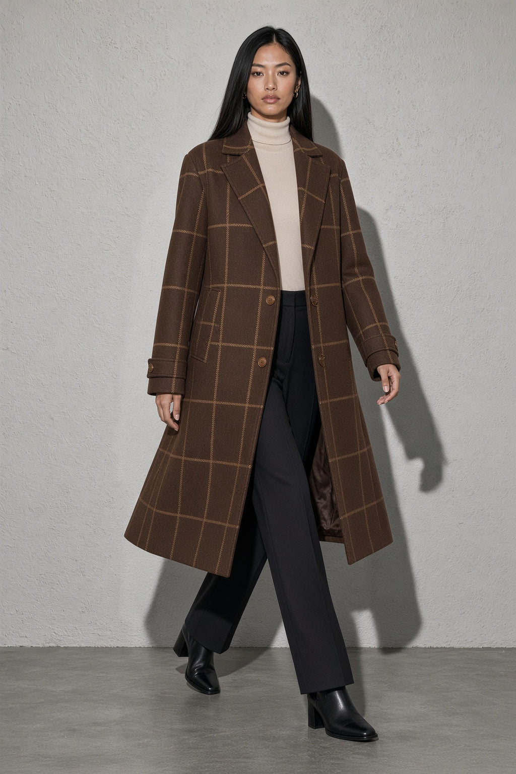 Women's Thick Coat Windowpane Plaid Longline — Front Studio View (Angle 16)