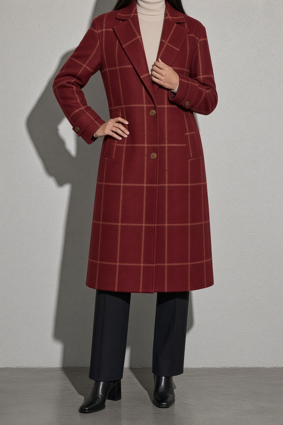 Women's Thick Coat Windowpane Plaid Longline — Full Length Model View