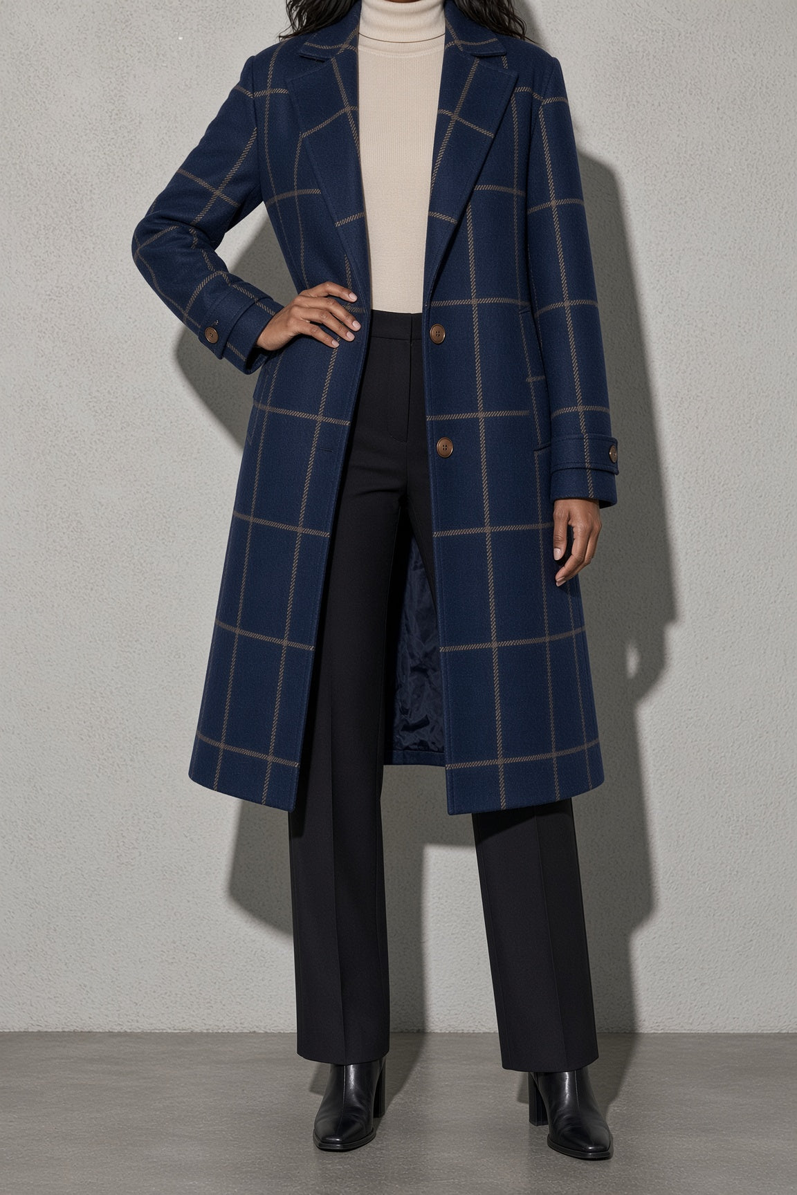 Women's Thick Coat Windowpane Plaid Longline — Styling & Fit Perspective