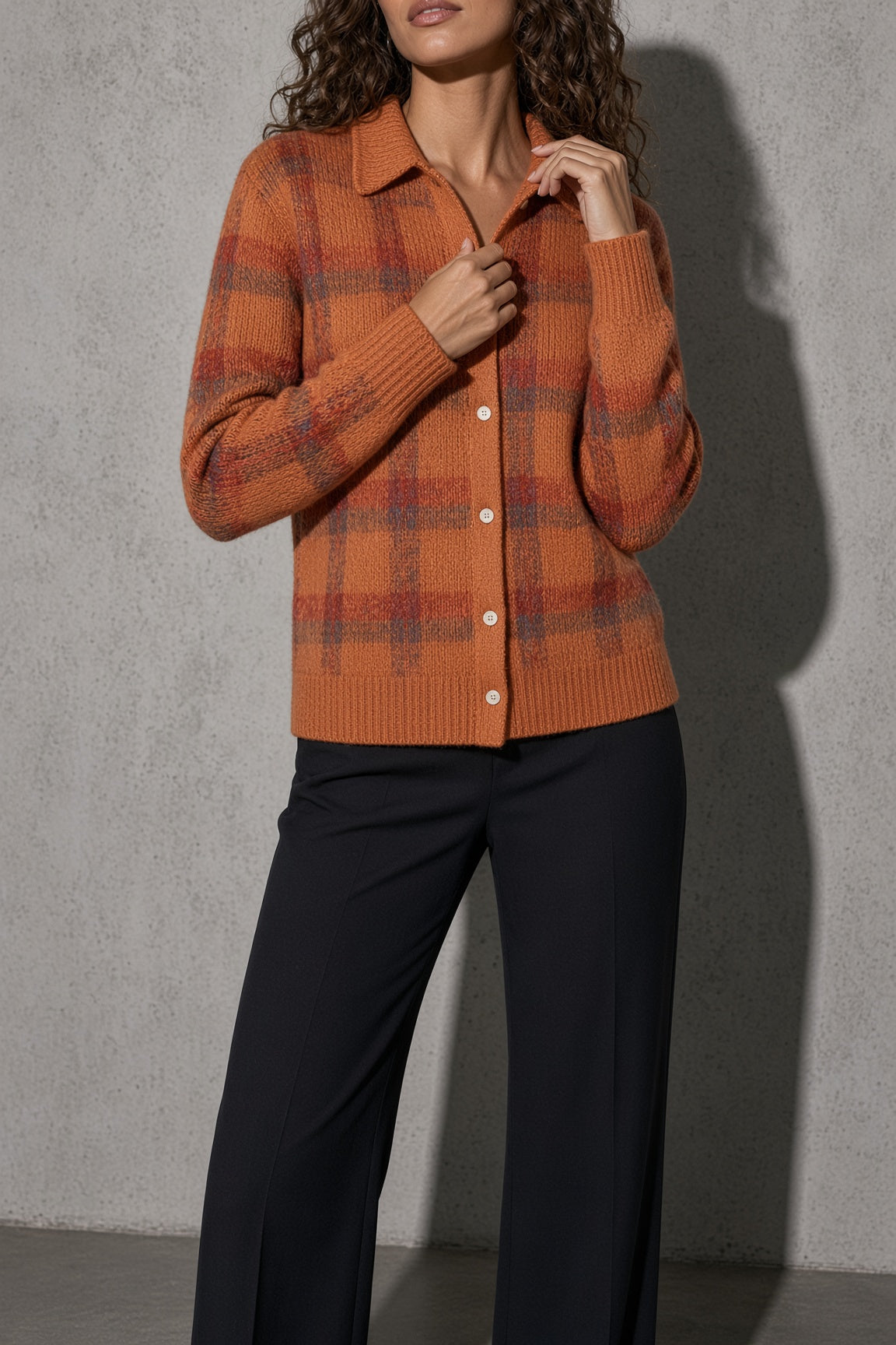 Women's Cardigan Button-Front Longline Shape — Full Length Model View (Angle 27)