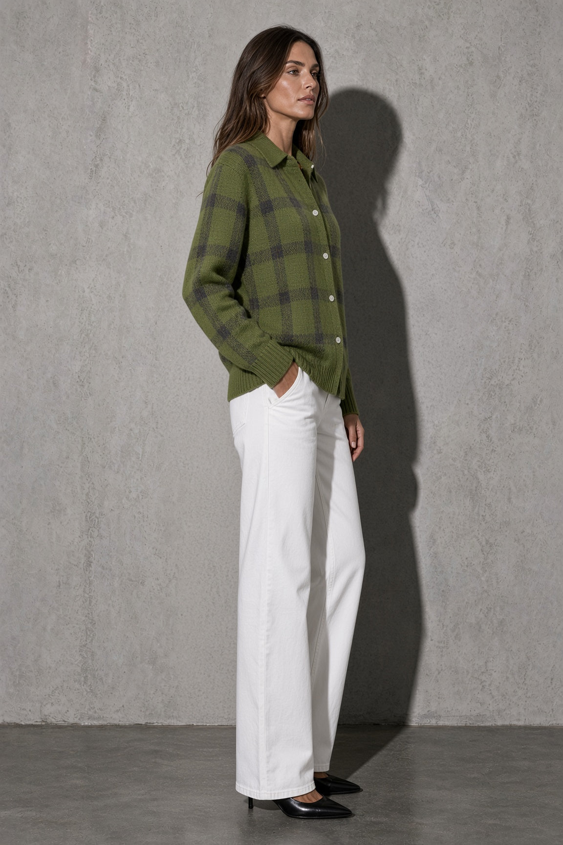 Women's Cardigan Button-Front Longline Shape — On-Model Front Angle (Angle 32)
