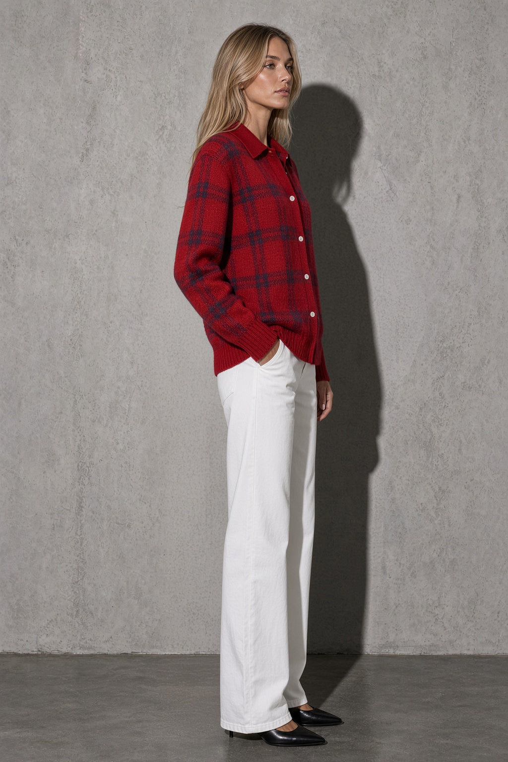 Women's Cardigan Button-Front Longline Shape — Side Profile View (Angle 33)