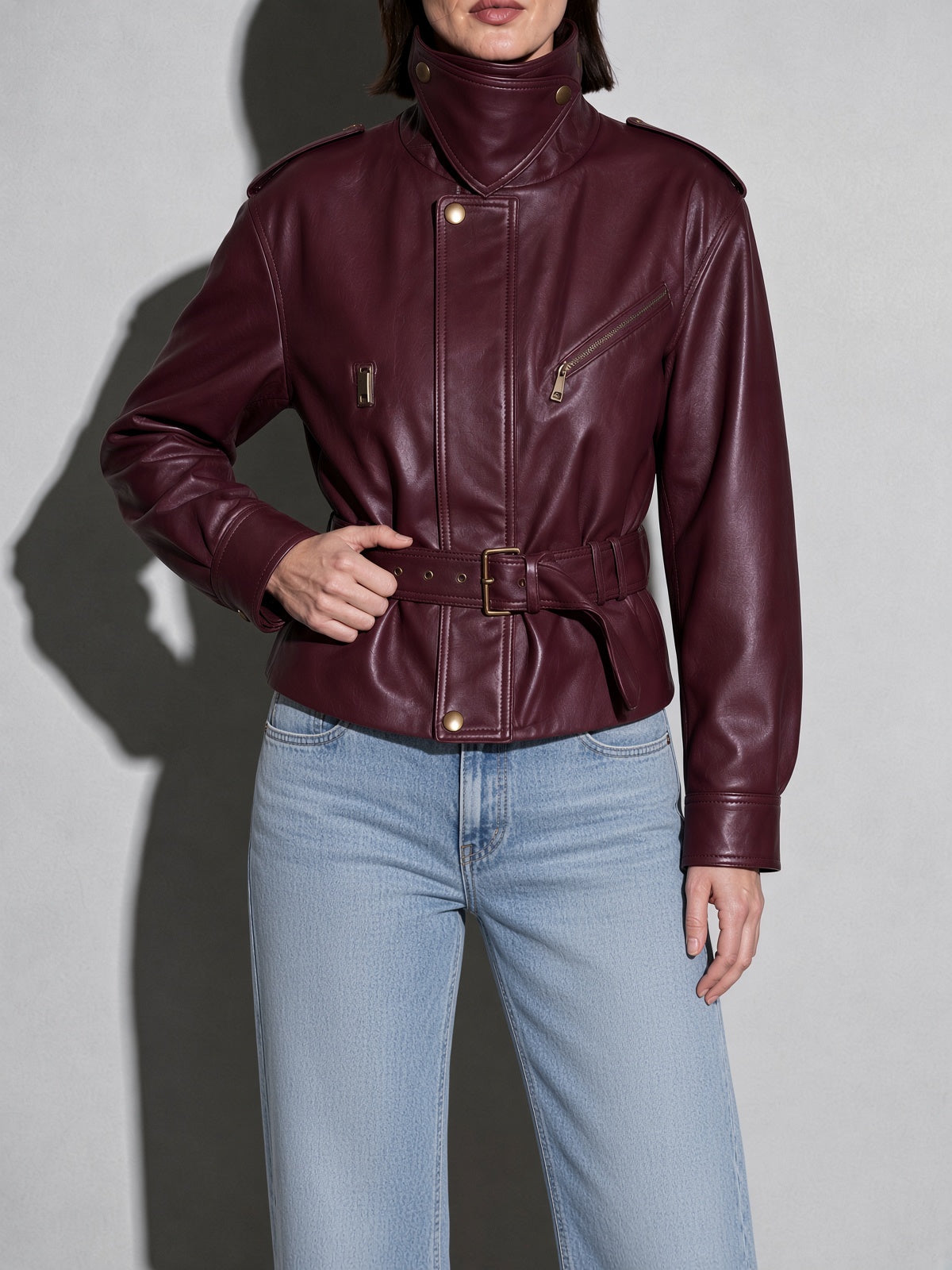 Women's Burgundy Faux Leather Belted Moto Jacket with High Funnel Neck — Front Studio View