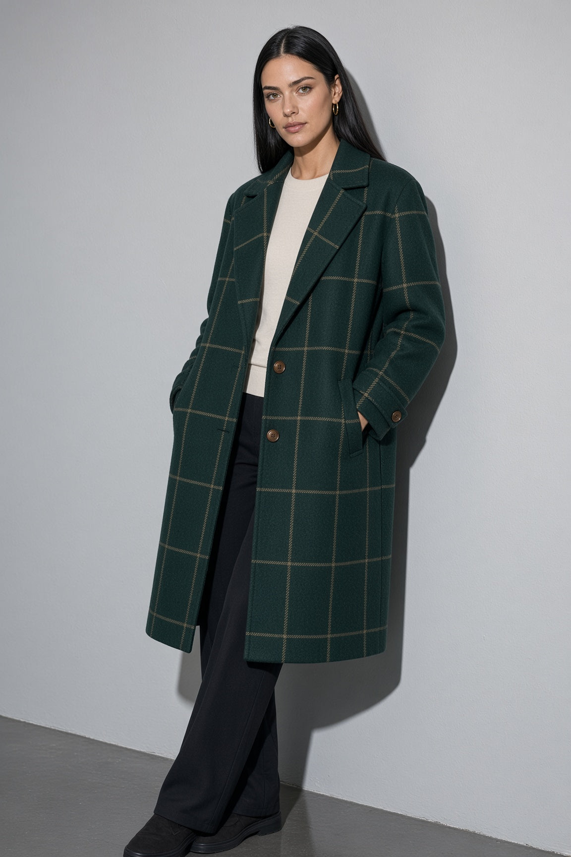Women's Thick Coat Windowpane Plaid Longline — Front Studio View