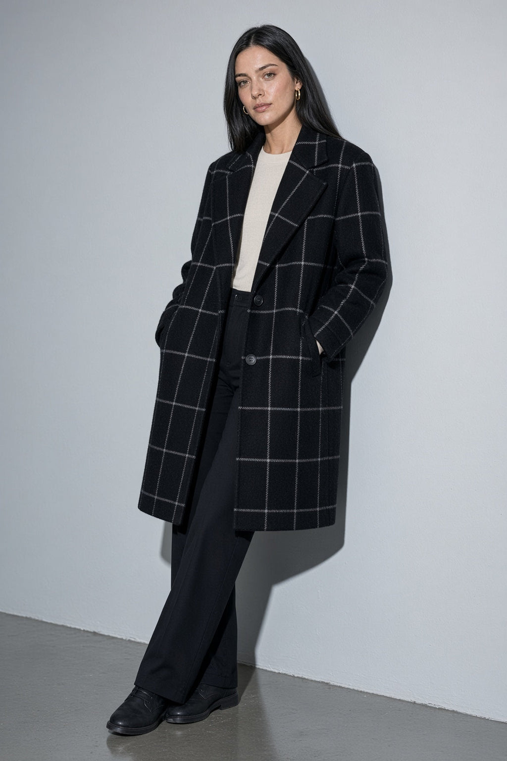 Women's Thick Coat Windowpane Plaid Longline — Sleeve & Cuff Detail