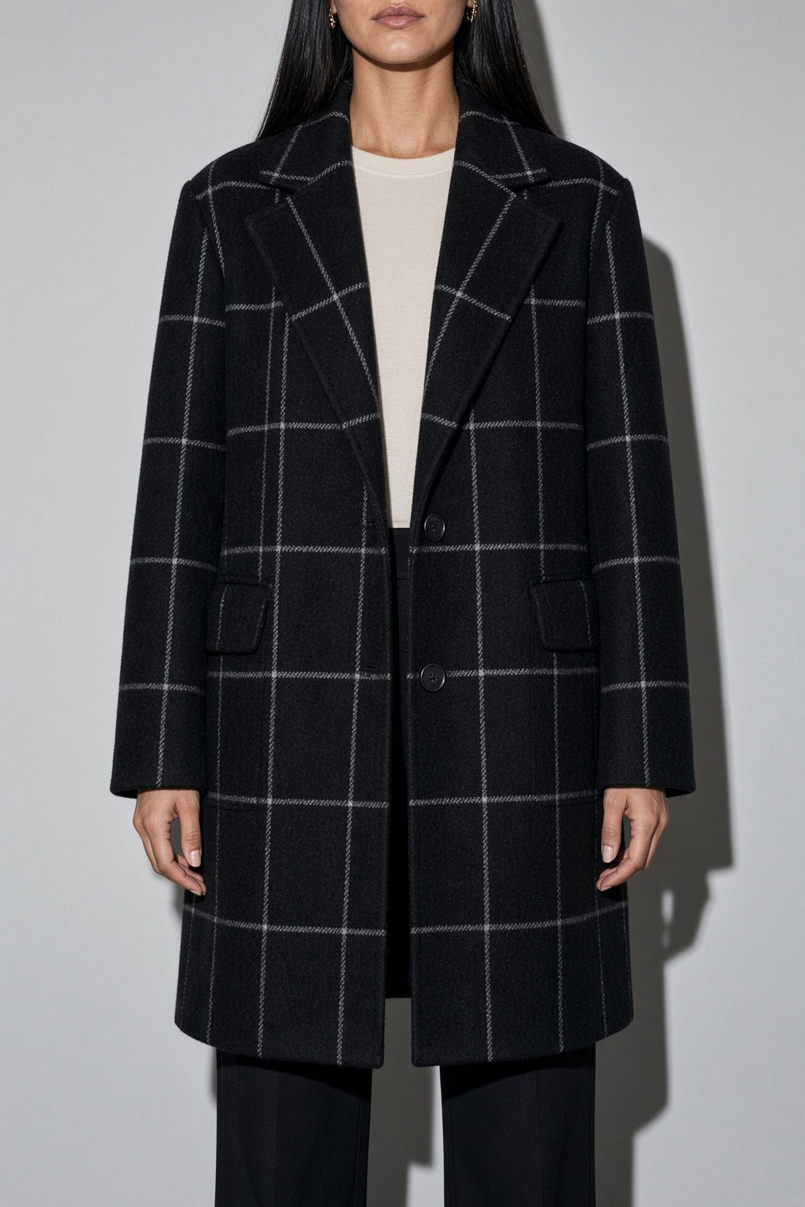 Women's Thick Coat Windowpane Plaid Longline — Back View