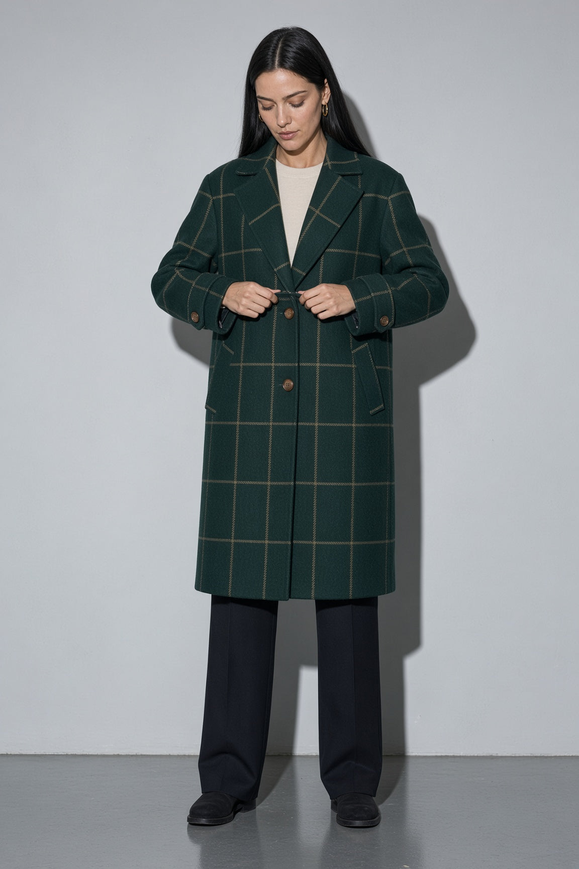Women's Thick Coat Windowpane Plaid Longline — Fabric Texture & Material Detail