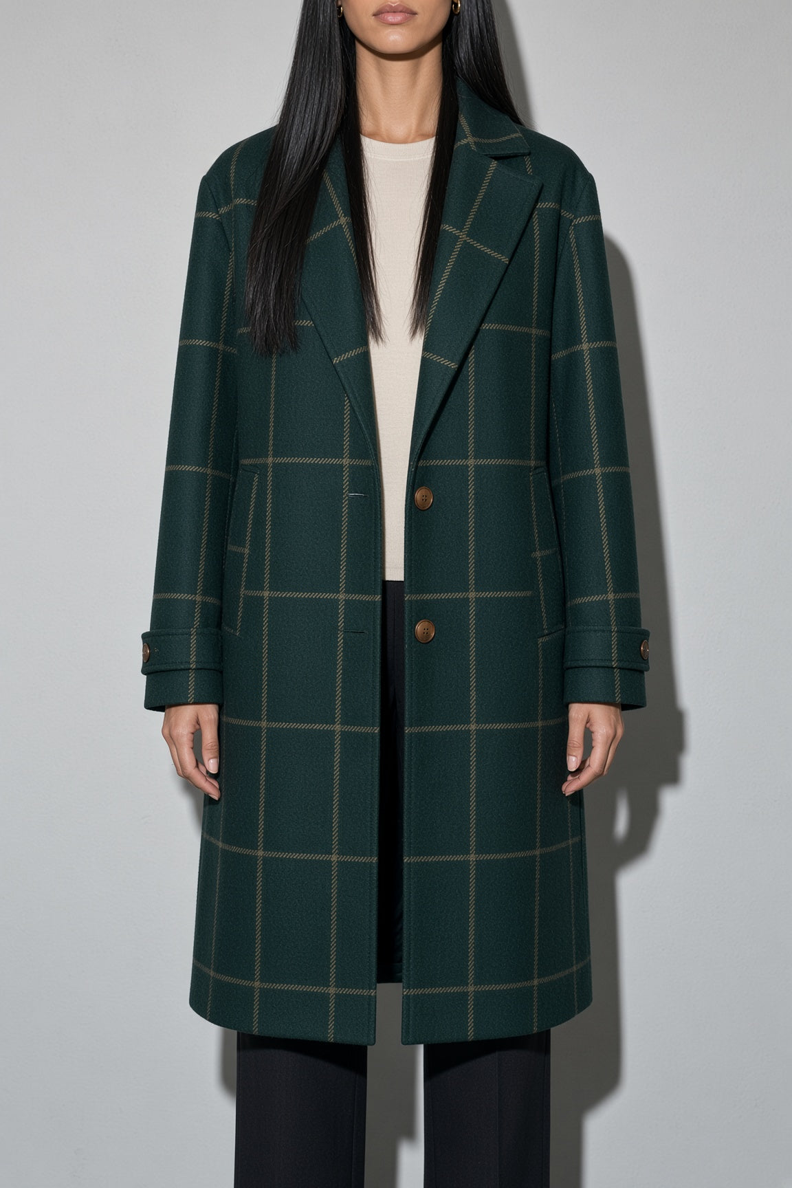 Women's Thick Coat Windowpane Plaid Longline — On-Model Front Angle