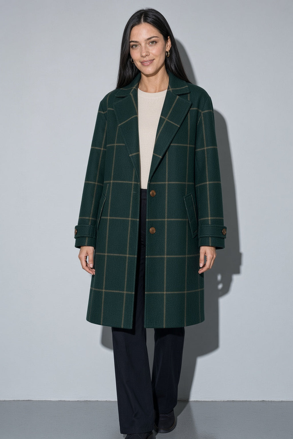 Women's Thick Coat Windowpane Plaid Longline — Interior Lining & Finish Detail